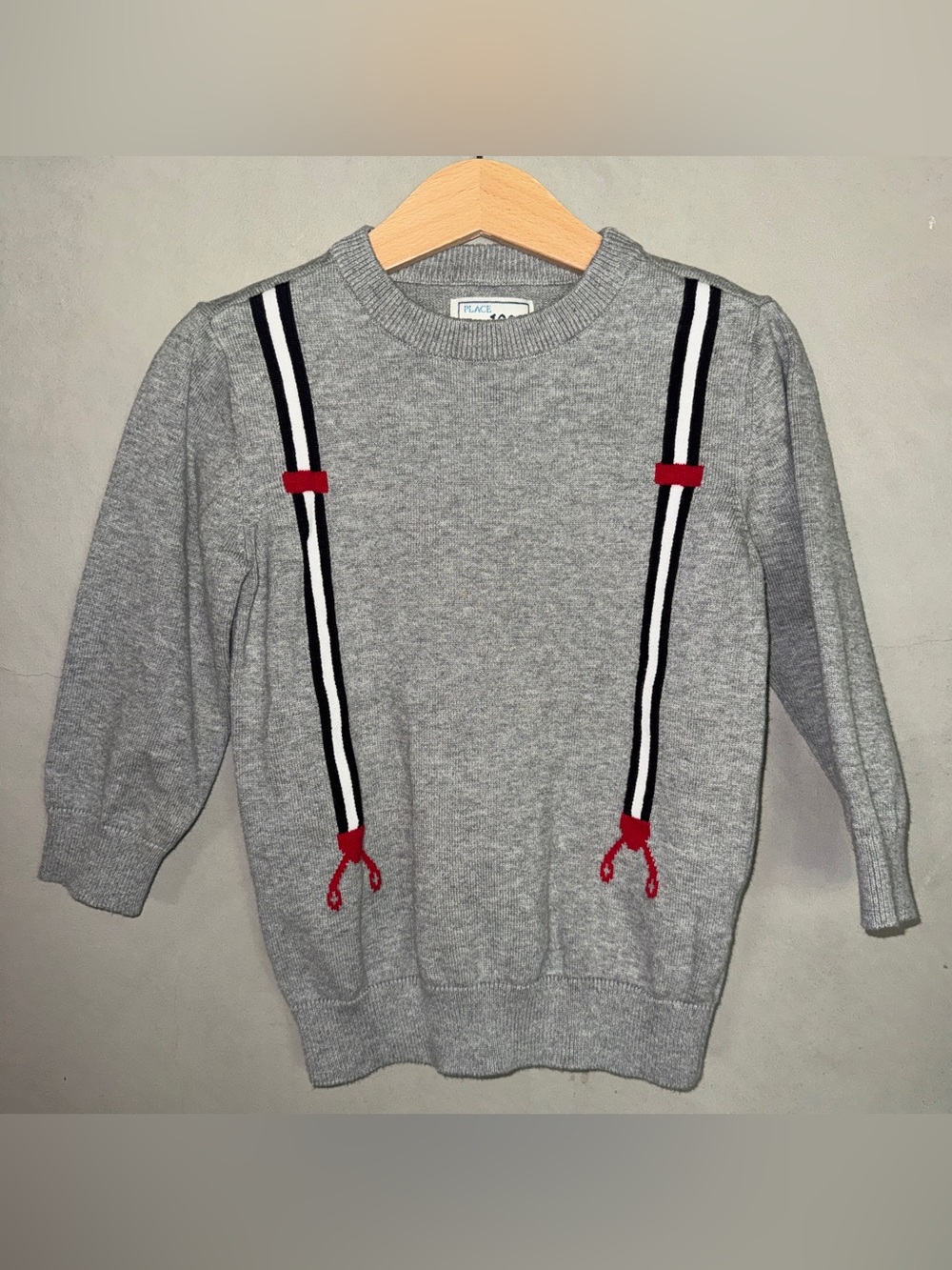 NEW The Children’s Place crewneck cotton sweater suspenders print 3T gray